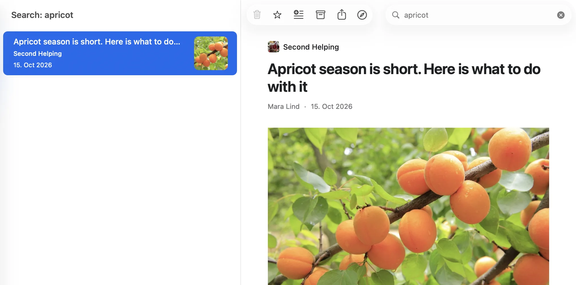 A search for “apricot” finds a dismissed post from Second Helping and shows it in full.